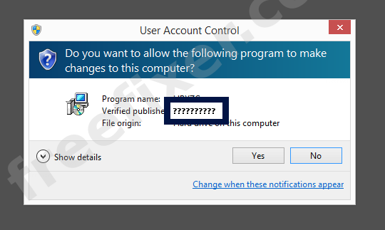 Screenshot where ?????????? appears as the verified publisher in the UAC dialog